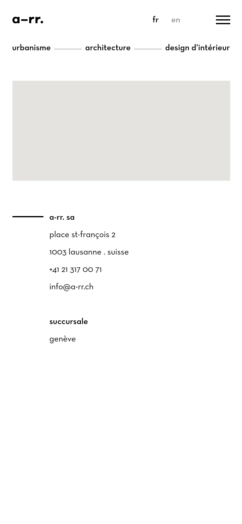 The mobile version presents a simplified vertical layout with the company logo and language selectors at the top, followed by a hamburger menu icon. The contact information, including the address and email, is stacked vertically below a large placeholder area, replacing the side-by-side desktop layout.