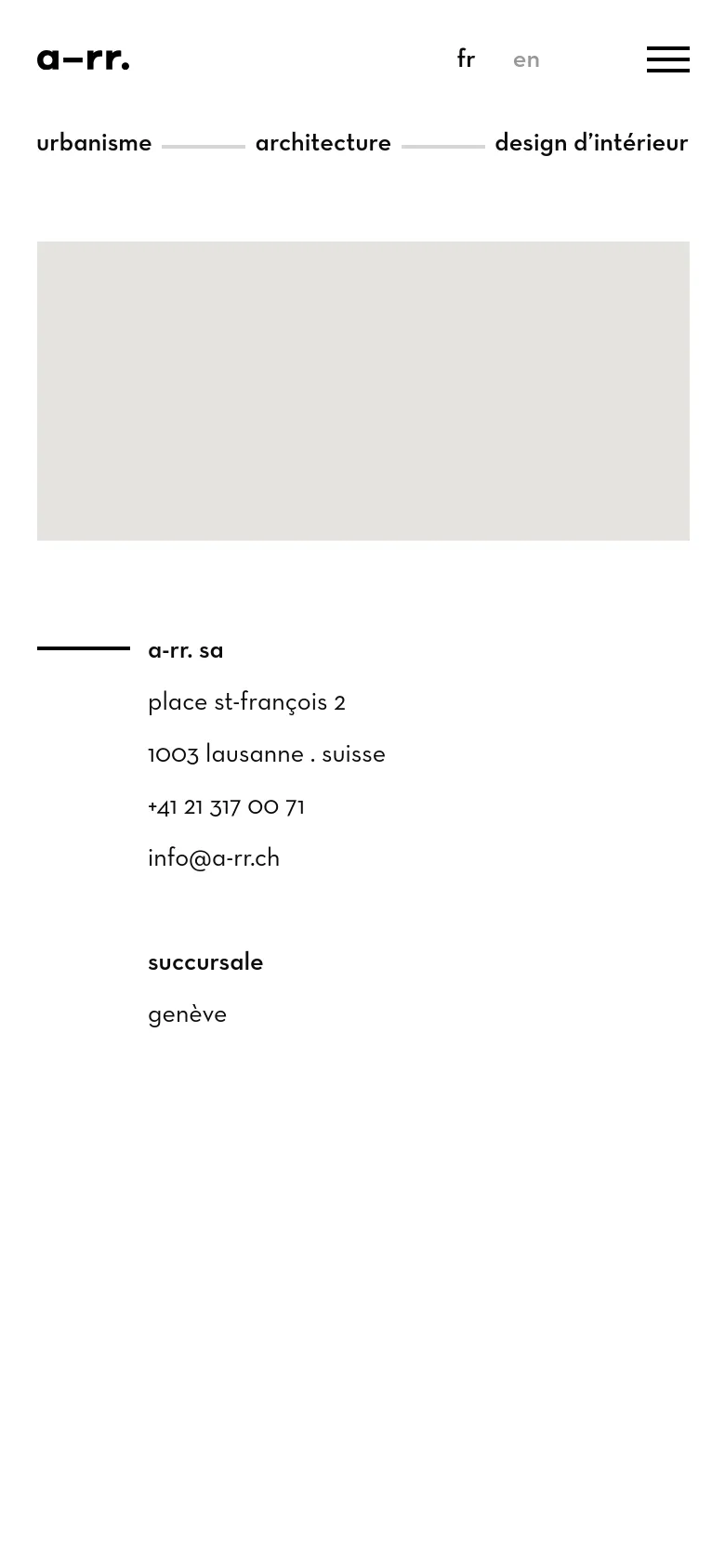 The mobile version presents a simplified vertical layout with the company logo and language selectors at the top, followed by a hamburger menu icon. The contact information, including the address and email, is stacked vertically below a large placeholder area, replacing the side-by-side desktop layout.