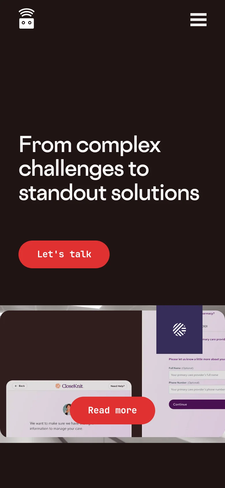 The mobile version simplifies the layout, stacking the headline 'From complex challenges to standout solutions' above the coral 'Let's talk' button on a dark background. The hero image is partially visible at the bottom, showing a cropped view of the office interior and a small portion of a white interface card with a purple logo overlay.