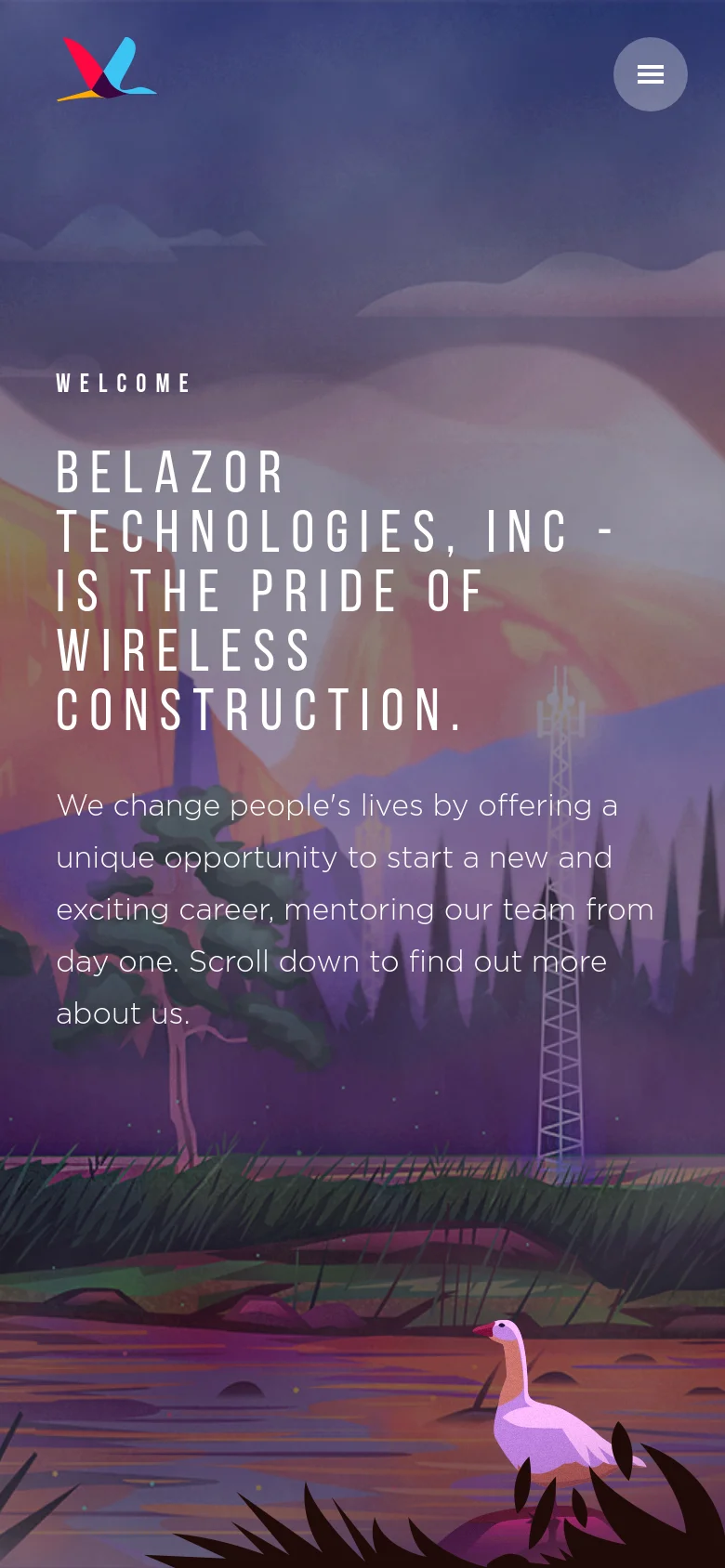 The mobile version simplifies the layout to a single-column view, replacing the top navigation menu with a circular hamburger menu icon in the top right. The hero text is centered and scaled down to fit the narrower screen, while the background landscape illustration remains the dominant visual element.