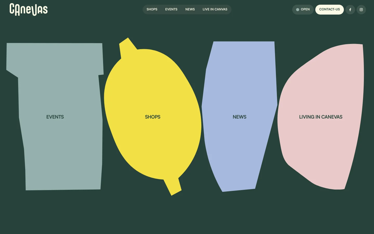 The desktop homepage features a dark green background with four large, organic, asymmetrical shapes in muted teal, yellow, light blue, and pale pink. Each shape contains a text link for Events, Shops, News, or Living in Canevas, arranged in a horizontal row. The navigation bar at the top includes the Canevas logo, menu links, an 'Open' status indicator, and a 'Contact-Us' button.
