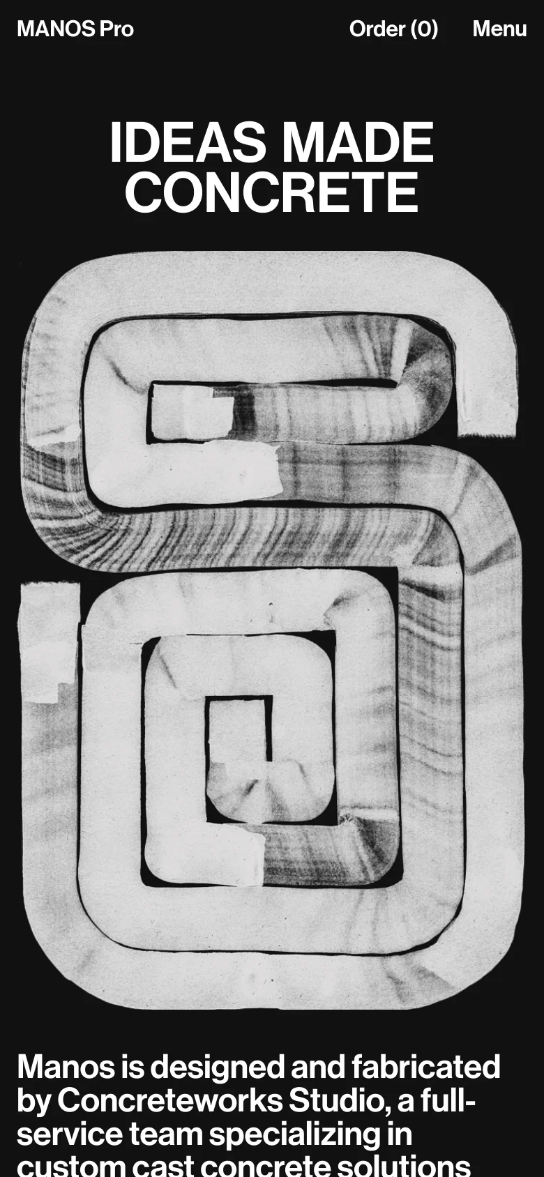 The mobile version uses a vertical layout with a black background and white text. The headline 'IDEAS MADE CONCRETE' is centered at the top, followed by a large, vertically oriented version of the abstract spiral image. Below the image, the introductory text about Concreteworks Studio begins, and the navigation is condensed into a 'Menu' button at the top right.