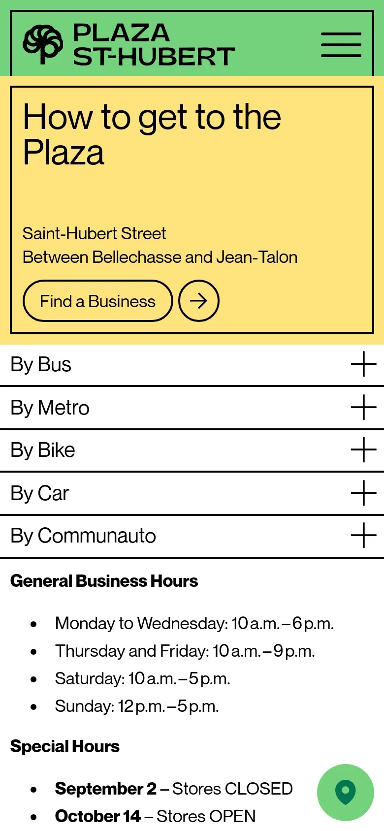 Mobile version of the page with a stacked layout. The yellow hero section appears at the top, followed by a series of full-width expandable accordion menus for transportation methods. The map is not visible in this view, and the content focuses on text-based information including general business hours and special holiday hours.