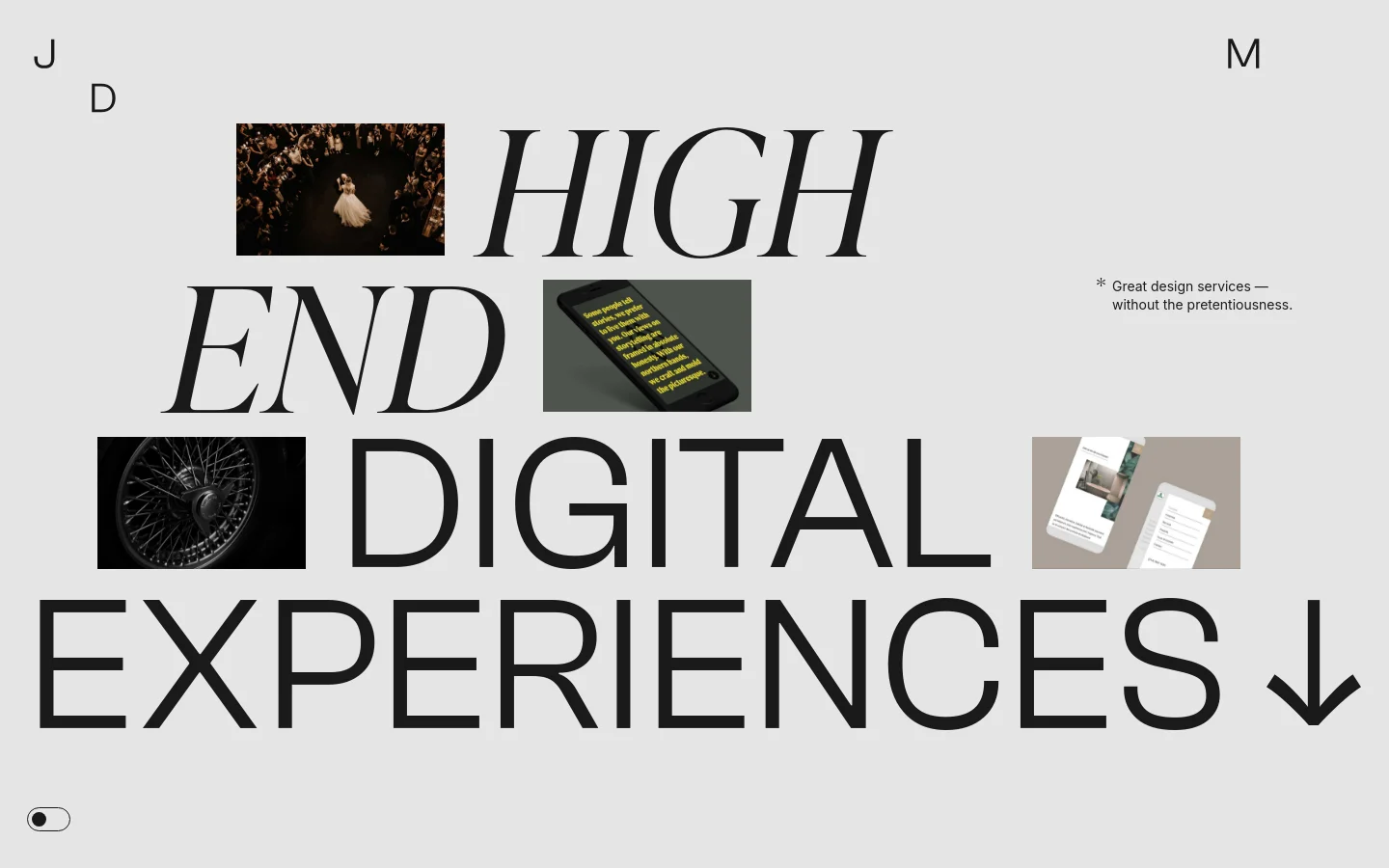 The desktop homepage features a minimalist, high-contrast design with large, bold serif typography reading 'HIGH END DIGITAL EXPERIENCES' set against a light gray background. Various small, rectangular photographic elements are scattered around the text, including a person in a white dress and a close-up of a wheel. The navigation includes 'JOMOR DESIGN' on the left and a 'MENU' link on the right.