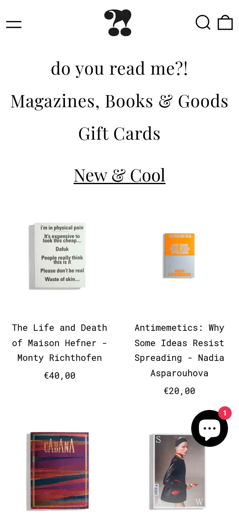 The mobile version presents a vertically stacked layout with a centered logo and a simplified navigation menu. The 'New & Cool' section displays product images and text in a single-column format, making it easier to scroll through the magazine selection on a smaller screen. The color palette remains a high-contrast black and white.