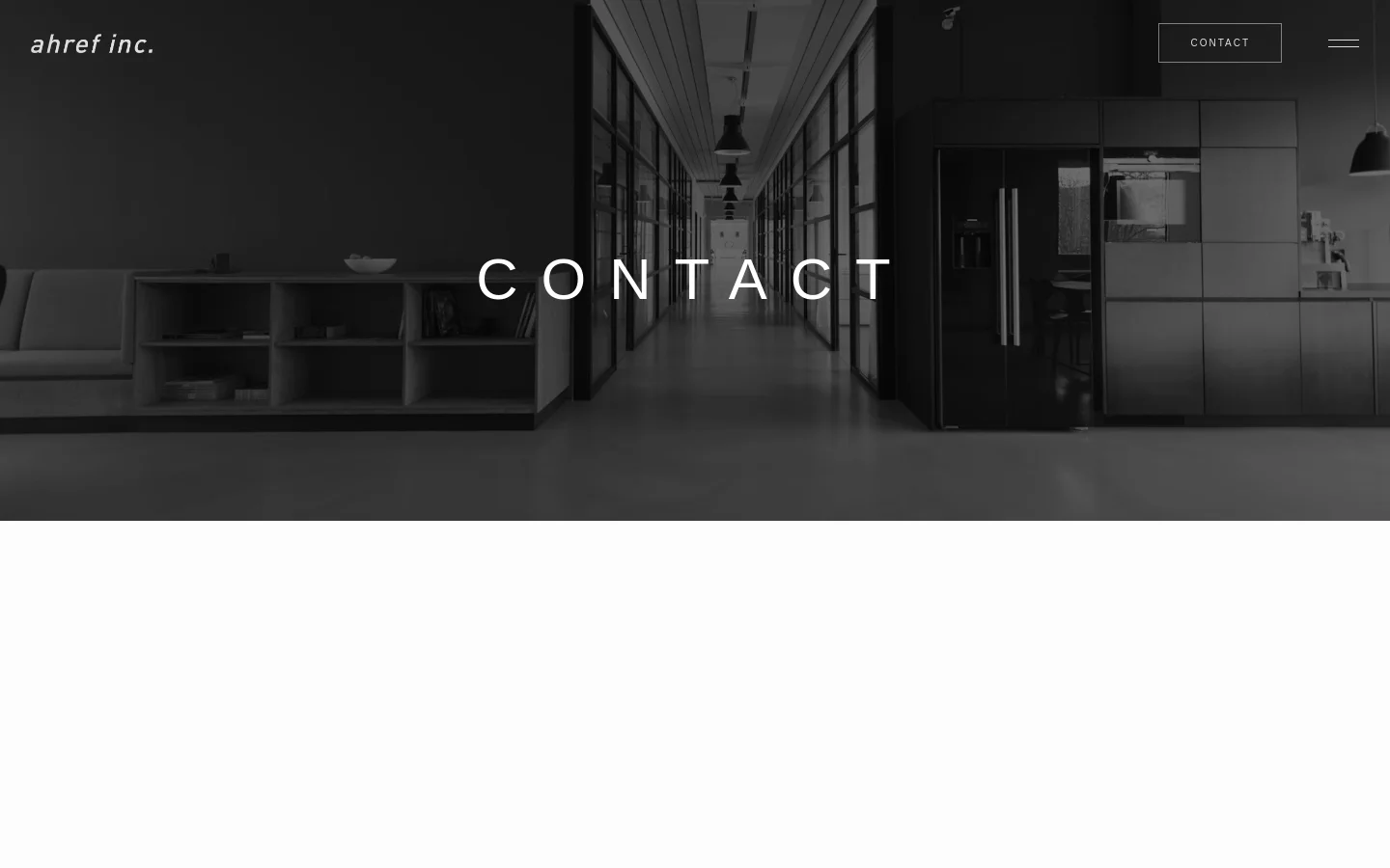 The desktop page features a large, grayscale hero image of a modern office interior with the word 'CONTACT' centered in white. Below the hero, a white section outlines a four-step process titled 'Flow' using numbered headings, followed by a contact section with business hours and a link to a Google Form. The layout is spacious with a minimalist black and white color scheme.