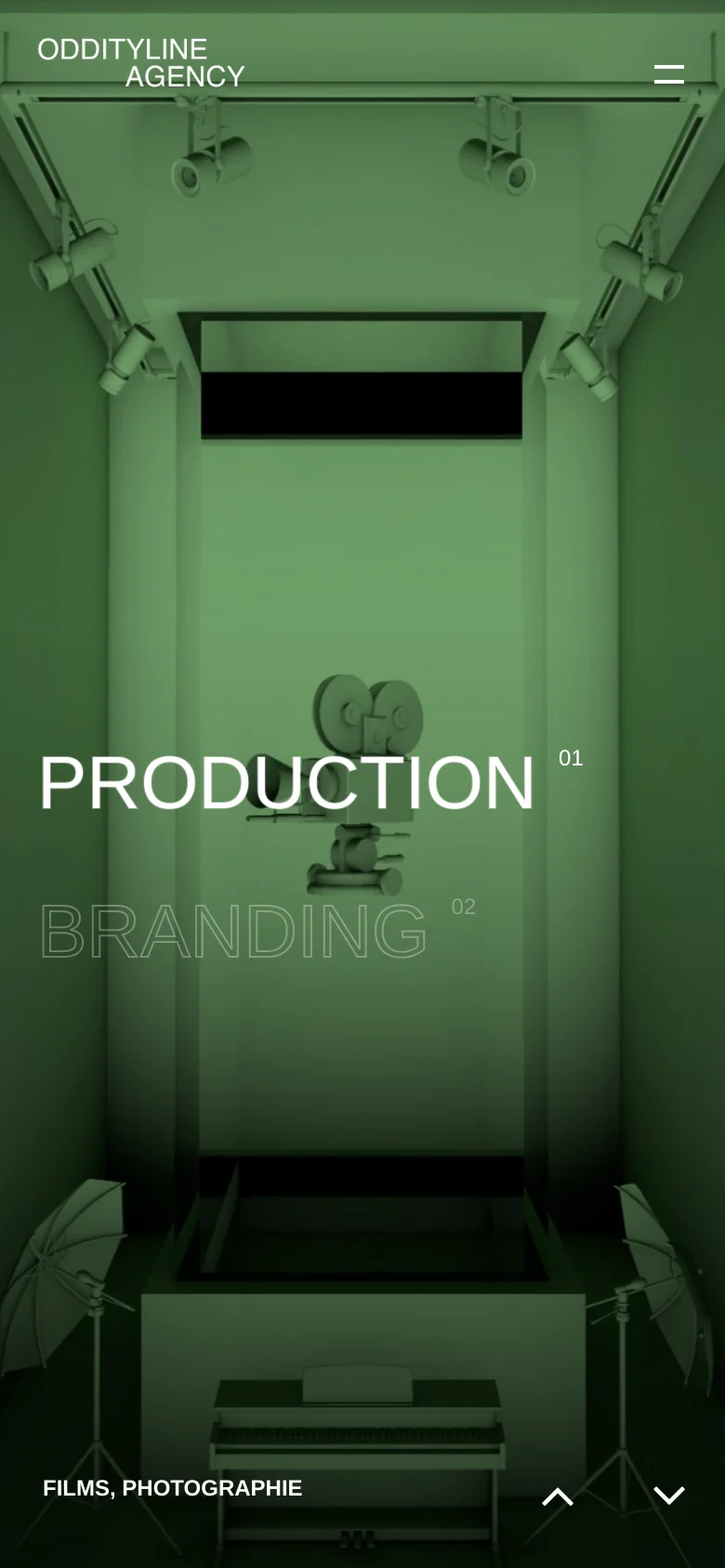 The mobile version maintains the dark green-tinted studio imagery but uses a vertical layout optimized for smaller screens. The 'ODDITYLINE AGENCY' logo and a hamburger menu icon are at the top, while the large 'PRODUCTION 01' headline is centered over the background image. Navigation arrows are positioned at the bottom of the screen.