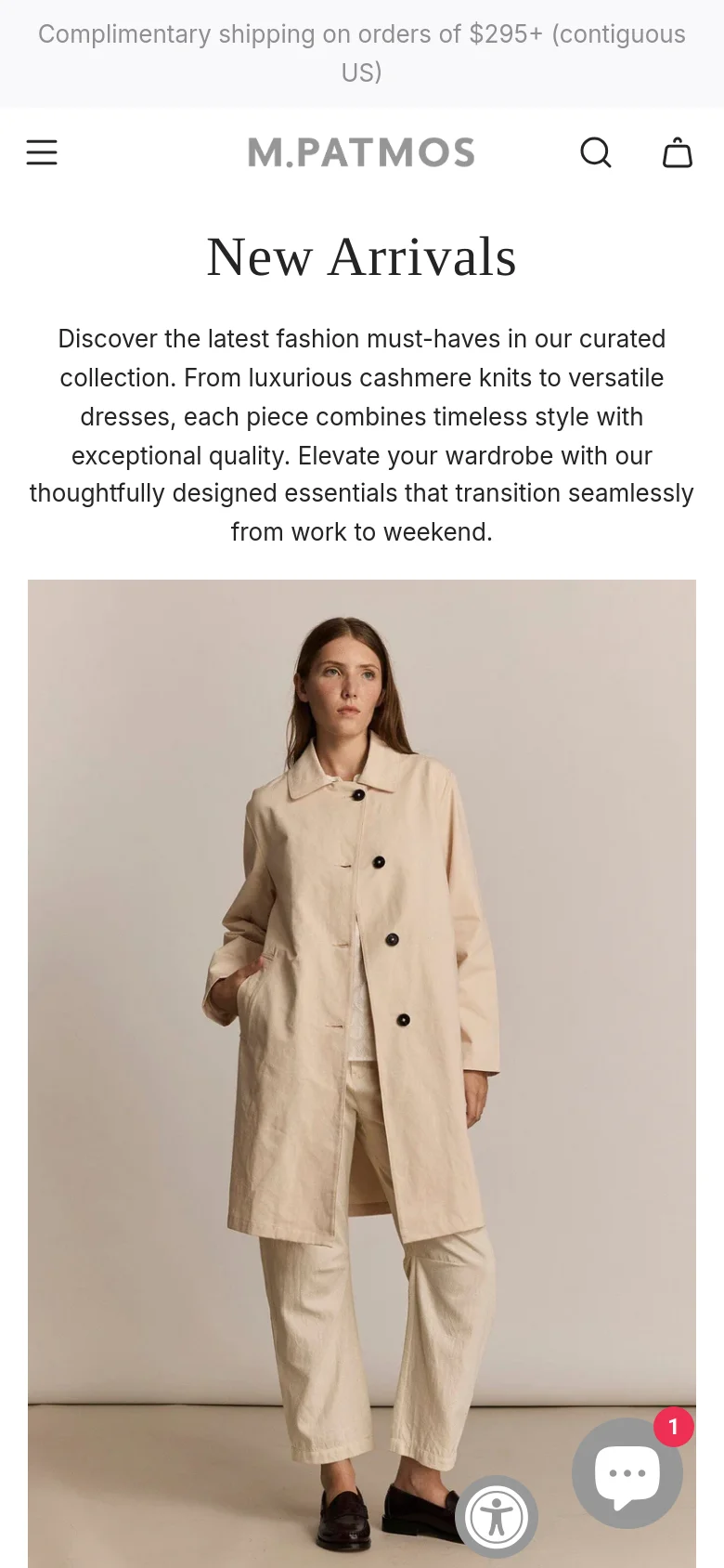 The mobile version presents a single-column vertical layout, focusing on large, high-impact imagery of the new arrivals. The headline and introductory text are centered at the top, followed by a large hero image of a model in a beige coat. Navigation is condensed, and accessibility/chat widgets are visible as floating icons at the bottom of the screen.