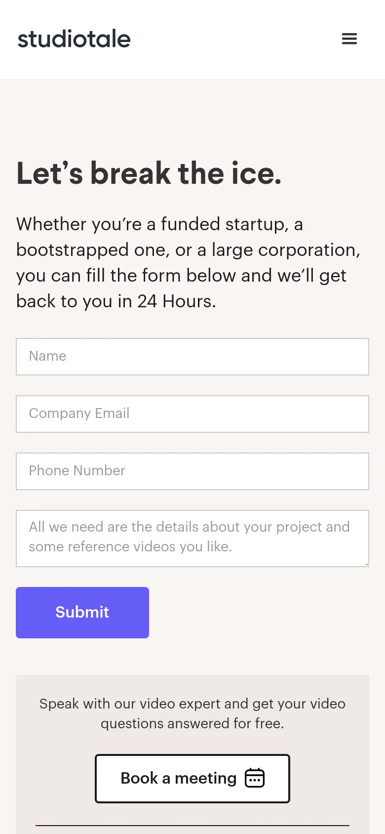 The mobile version uses a single-column vertical layout optimized for smaller screens. The 'Let's break the ice' headline and contact form appear at the top, followed by the 'Book a meeting' call-to-action card positioned below the form. The navigation menu is collapsed into a hamburger icon in the top right corner.