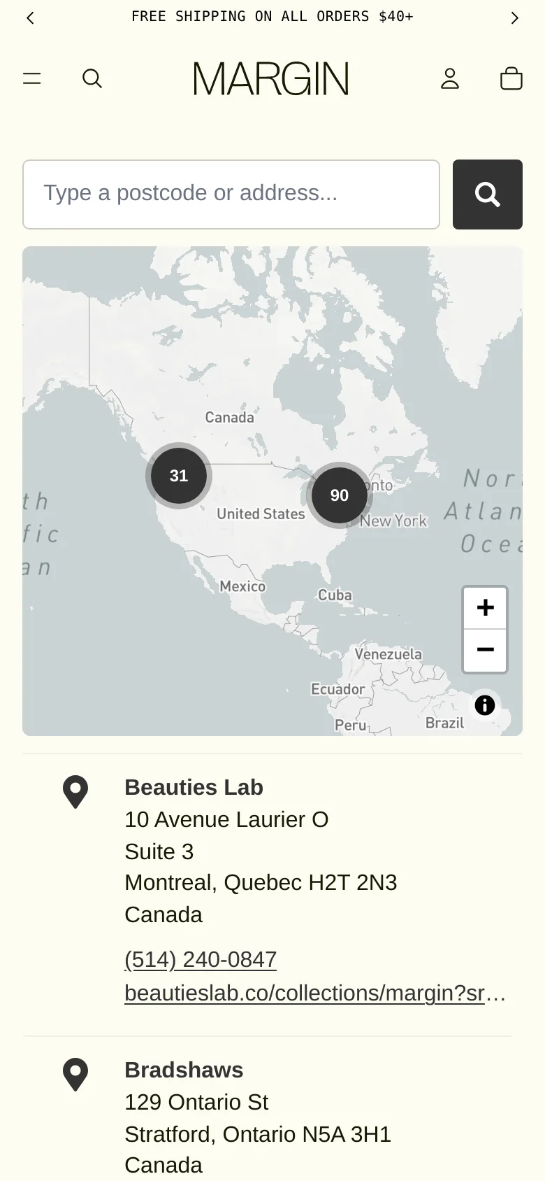 The mobile version simplifies the layout by stacking elements vertically. The search bar is positioned at the top, followed by the interactive map, and then the list of store locations below it. The map occupies a smaller portion of the screen compared to the desktop view to prioritize the text-based location details.