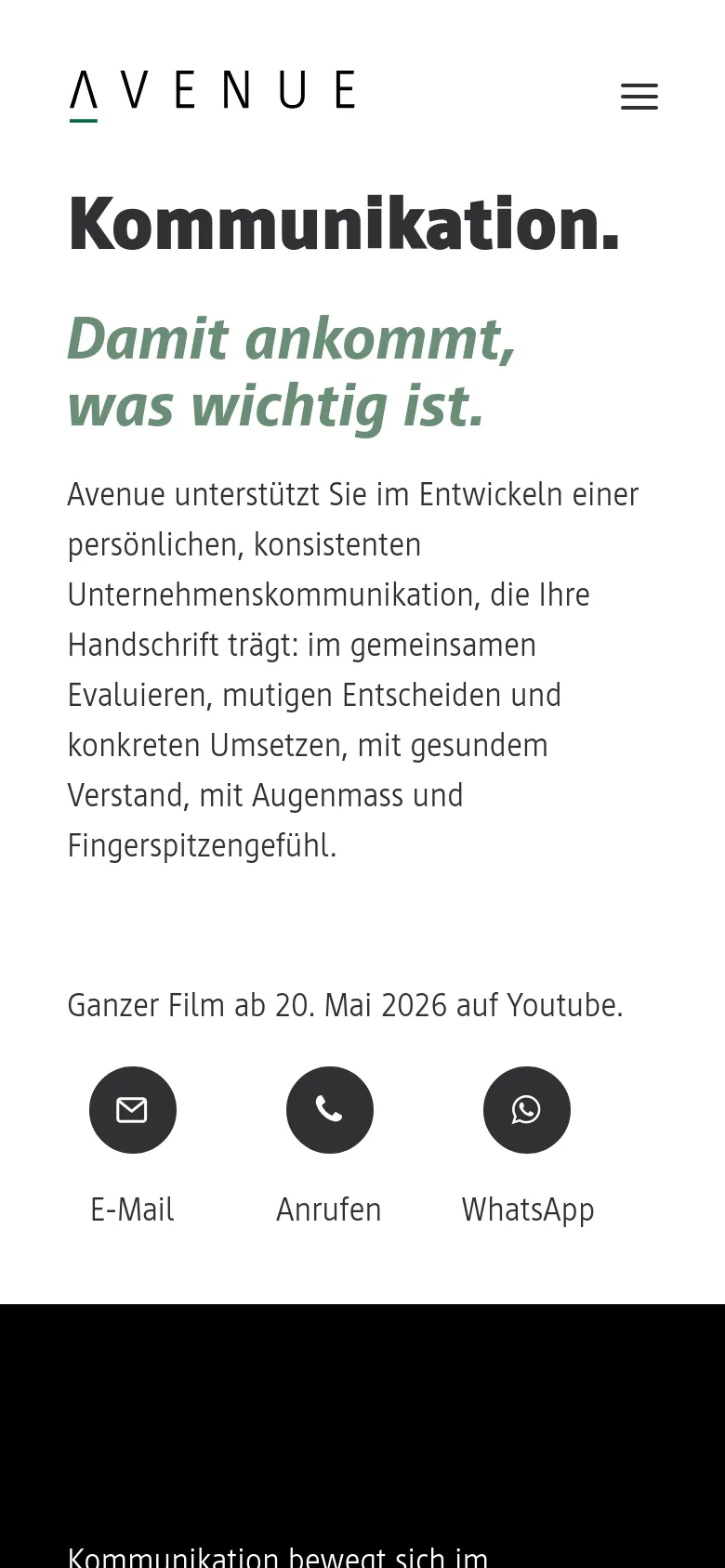 The mobile version uses a single-column vertical layout with a hamburger menu icon in the top right. The bold headline and sage green subheadline are centered, followed by the descriptive text. Below the text, three circular dark icons with white symbols for E-Mail, Anrufen (Call), and WhatsApp are arranged in a horizontal row.