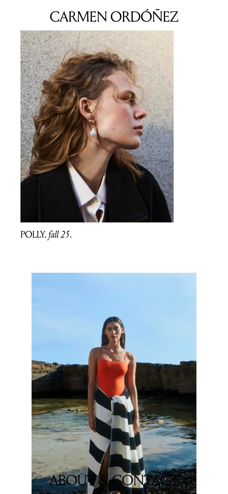 The mobile version presents a simplified, single-column vertical scroll of the photography portfolio. The large serif header remains at the top, followed by full-width editorial images and their corresponding project titles, such as 'POLLY. fall 25.', with 'ABOUT & CONTACT' links overlaid near the bottom.