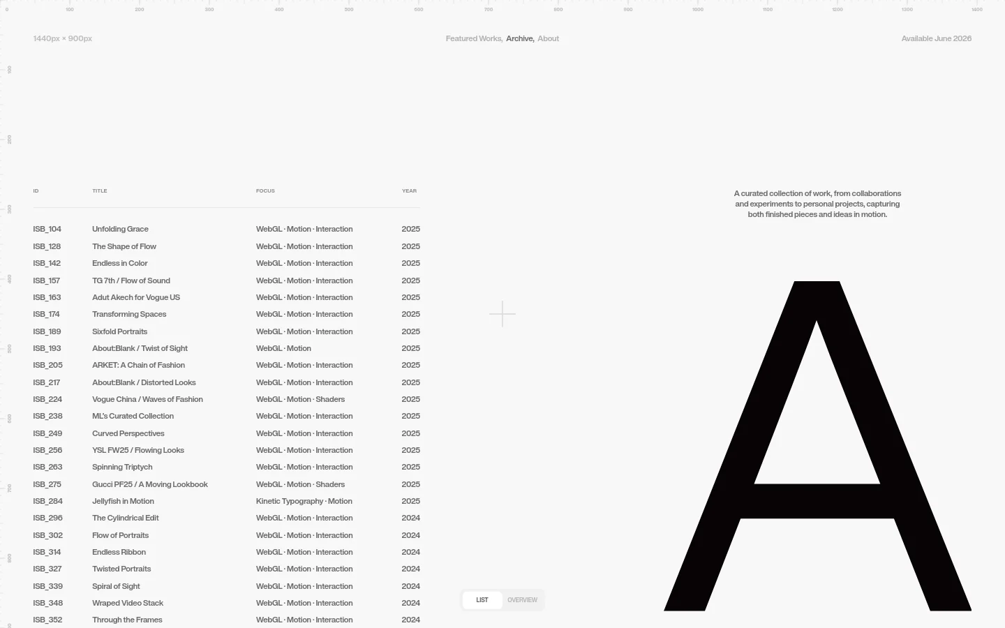 The desktop Archive page features a minimalist white background with a large, black stylized letter 'A' on the right side. A list of projects is displayed on the left, organized into columns for ID, Title, Focus, and Year, topped by a navigation menu and a brief introductory paragraph.