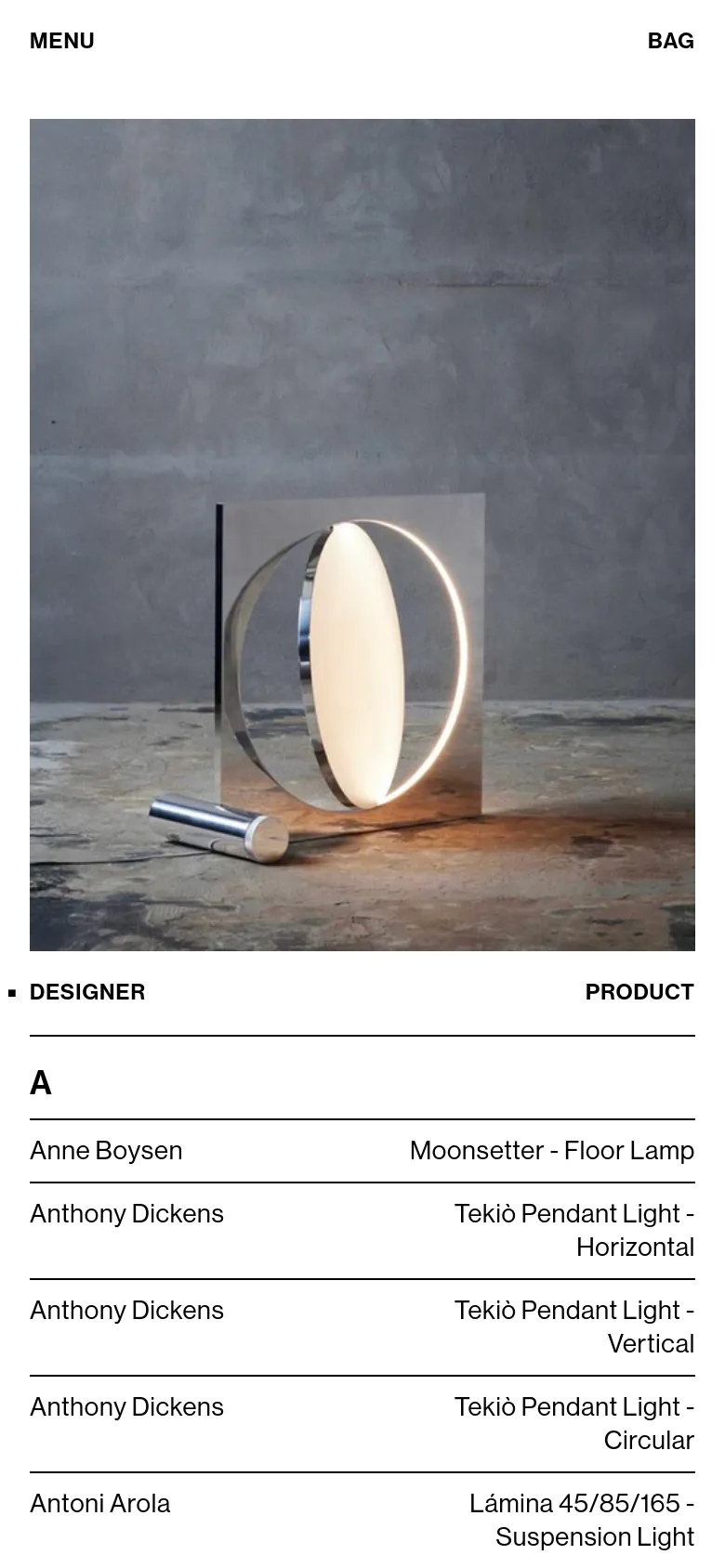 The mobile version presents a simplified view with a 'MENU' and 'BAG' header above a large, full-width hero image of the Moonsetter Floor Lamp. Below the image, the product list is reorganized into a single-column vertical list of designer names and product titles.