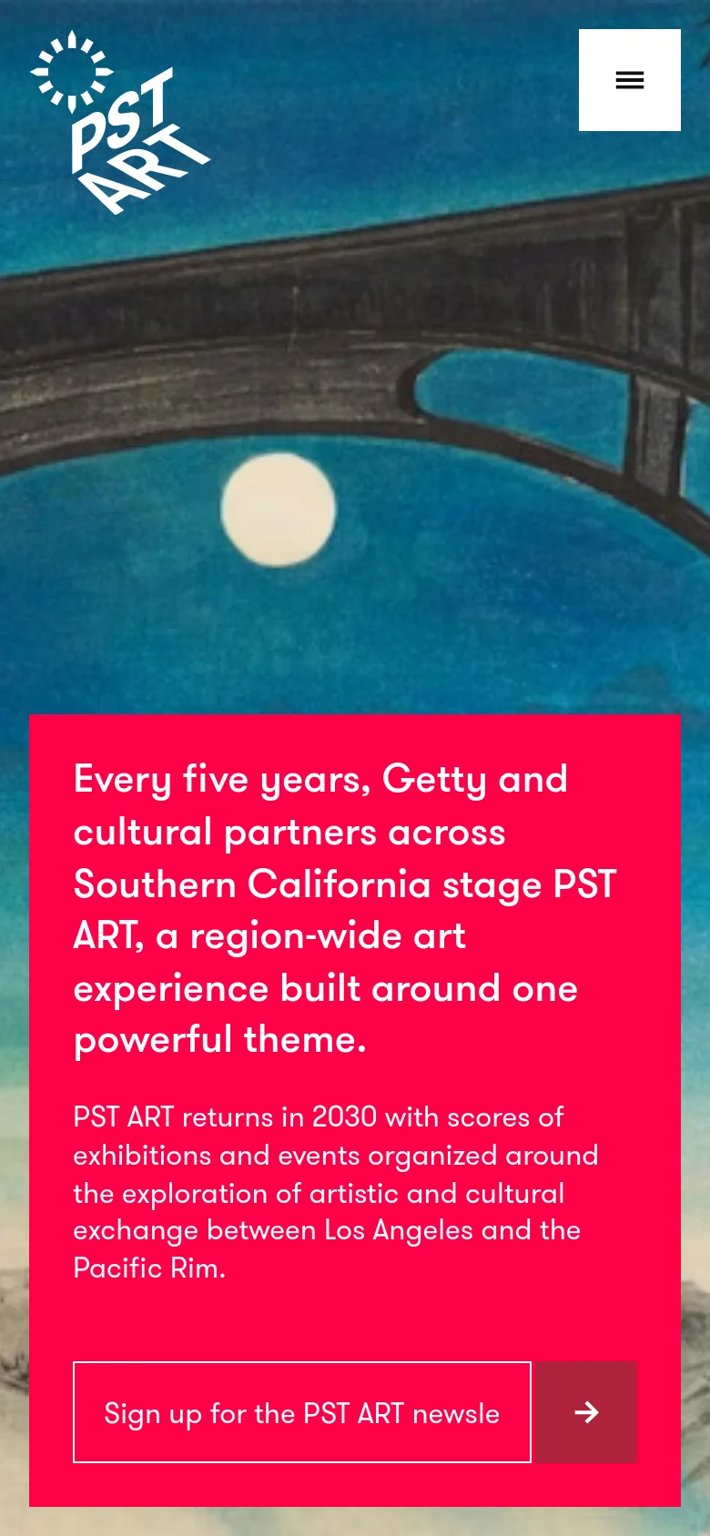 The mobile version uses the same moonlit landscape background but shifts to a simplified layout. The navigation is condensed into a hamburger menu icon in the top right, and the red content box spans the width of the screen, featuring the headline, description, and a full-width newsletter signup button.