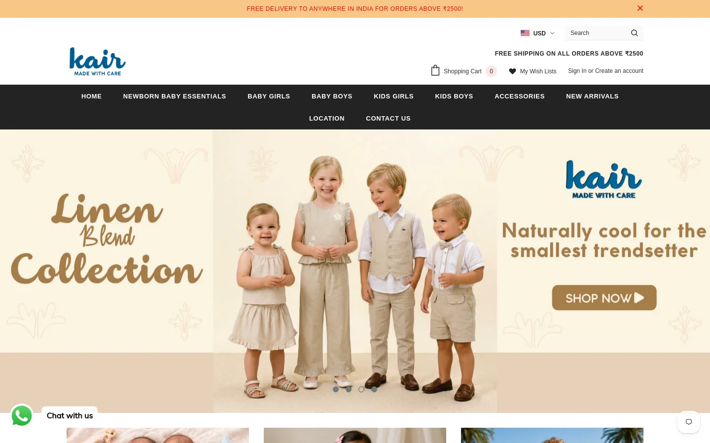 The Kair Fashion homepage features a large hero banner showcasing four children in neutral-toned linen clothing against a beige background. The banner includes the text 'Linen Blend Collection' and a 'SHOP NOW' call to action button. A dark navigation bar sits above the hero image, containing links for Home, Newborn Baby Essentials, Baby Girls, Baby Boys, Kids Girls, Kids Boys, Accessories, New Arrivals, Location, and Contact Us.