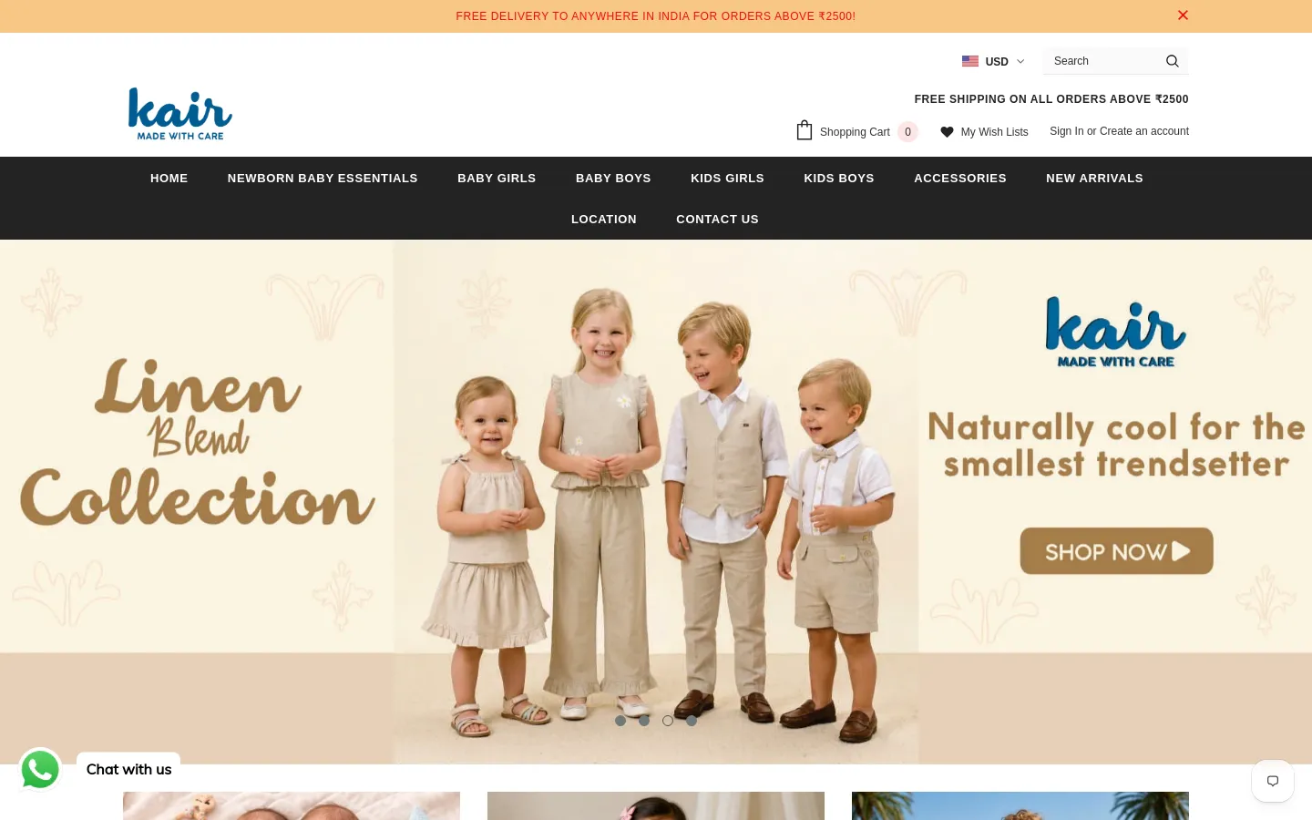 The Kair Fashion homepage features a large hero banner showcasing four children in neutral-toned linen clothing against a beige background. The banner includes the text 'Linen Blend Collection' and a 'SHOP NOW' call to action button. A dark navigation bar sits above the hero image, containing links for Home, Newborn Baby Essentials, Baby Girls, Baby Boys, Kids Girls, Kids Boys, Accessories, New Arrivals, Location, and Contact Us.