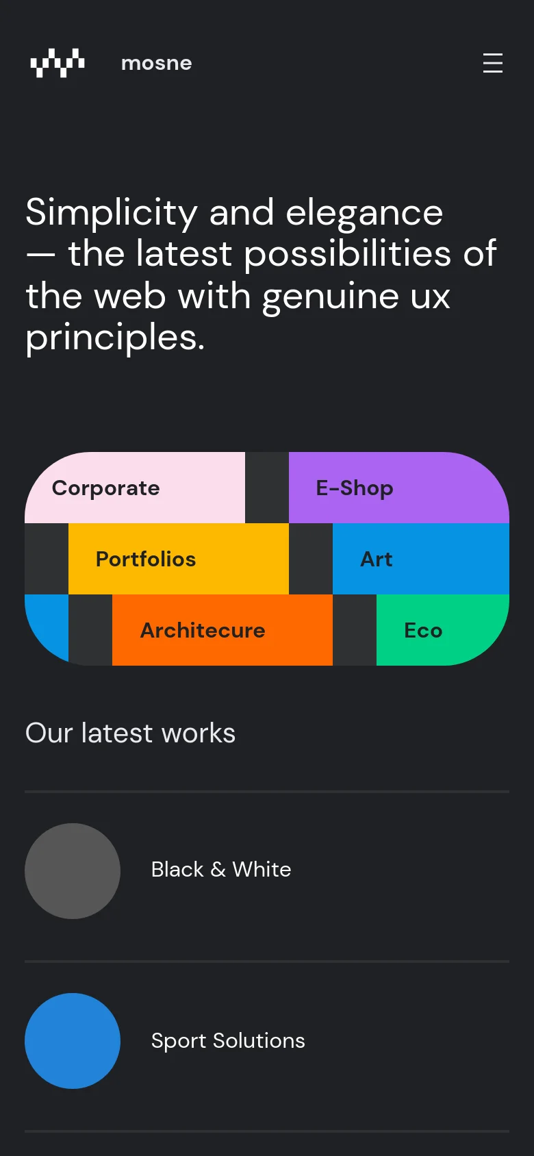 The mobile version maintains the dark theme and large typography but uses a vertical layout. The colorful category tiles are stacked and rearranged to fit the narrow screen, and the navigation is condensed into a hamburger menu icon at the top right.
