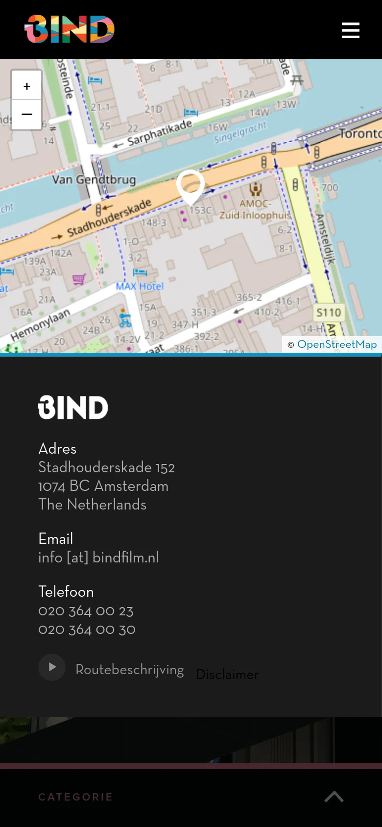 The mobile version presents a vertically stacked layout with the map occupying the top half of the screen. Below the map, the 'BIND' logo is followed by the contact information: address, email, and two phone numbers. The design is simplified for vertical scrolling, maintaining the dark color scheme and clean typography.