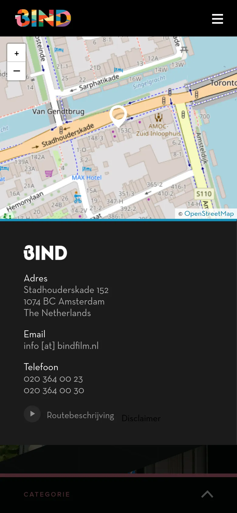 The mobile version presents a vertically stacked layout with the map occupying the top half of the screen. Below the map, the 'BIND' logo is followed by the contact information: address, email, and two phone numbers. The design is simplified for vertical scrolling, maintaining the dark color scheme and clean typography.