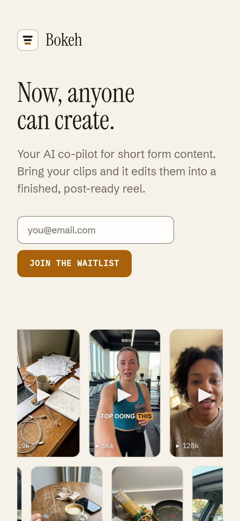 The mobile version uses a single-column layout with the headline, subheadline, and waitlist signup form centered at the top. The video thumbnail grid is repositioned below the signup section, displaying larger, vertically stacked video previews.