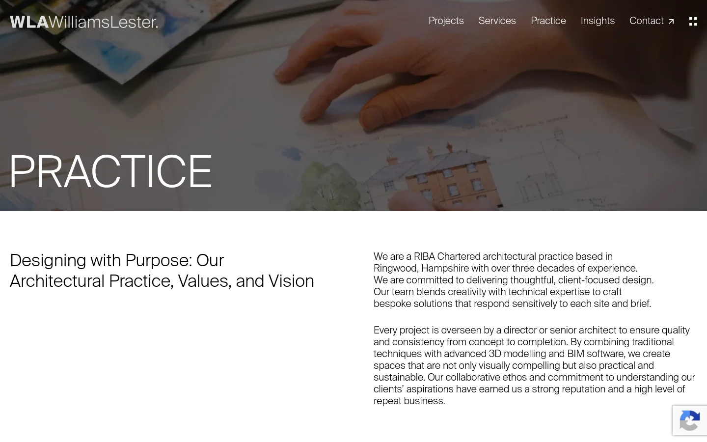 The desktop page features a large hero image of hands working on architectural drawings with the title 'PRACTICE' in large white text. Below, a two-column layout displays the headline 'Designing with Purpose: Our Architectural Practice, Values, and Vision' on the left and descriptive text on the right. The navigation menu is at the top right, and the overall color palette is neutral with professional imagery.