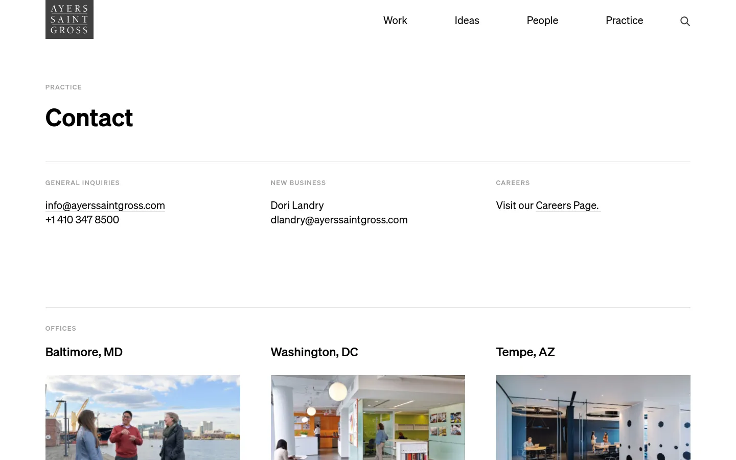 The desktop Contact page features a minimalist design with a white background and black text. A large 'Contact' headline is followed by three columns for General Inquiries, New Business, and Careers, and a bottom section for Office locations including Baltimore, MD, Washington, DC, and Tempe, AZ, each accompanied by a wide landscape photograph.