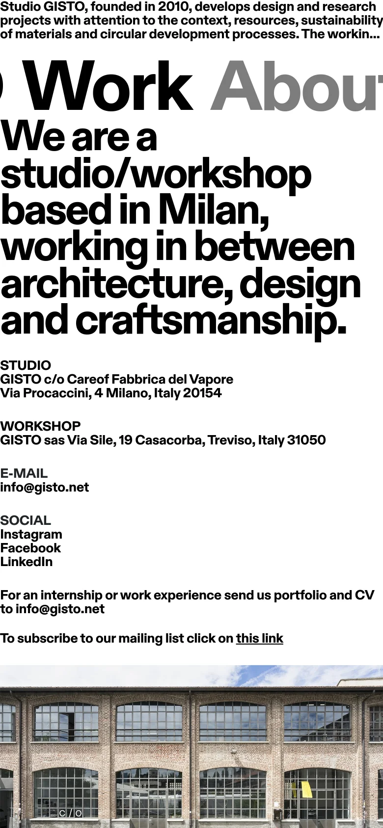 The mobile version maintains the minimalist black-on-white aesthetic but stacks all content vertically for readability. The large headline dominates the top, followed by contact information, social links, and internship instructions in a single column, with the industrial building photograph appearing below the text.