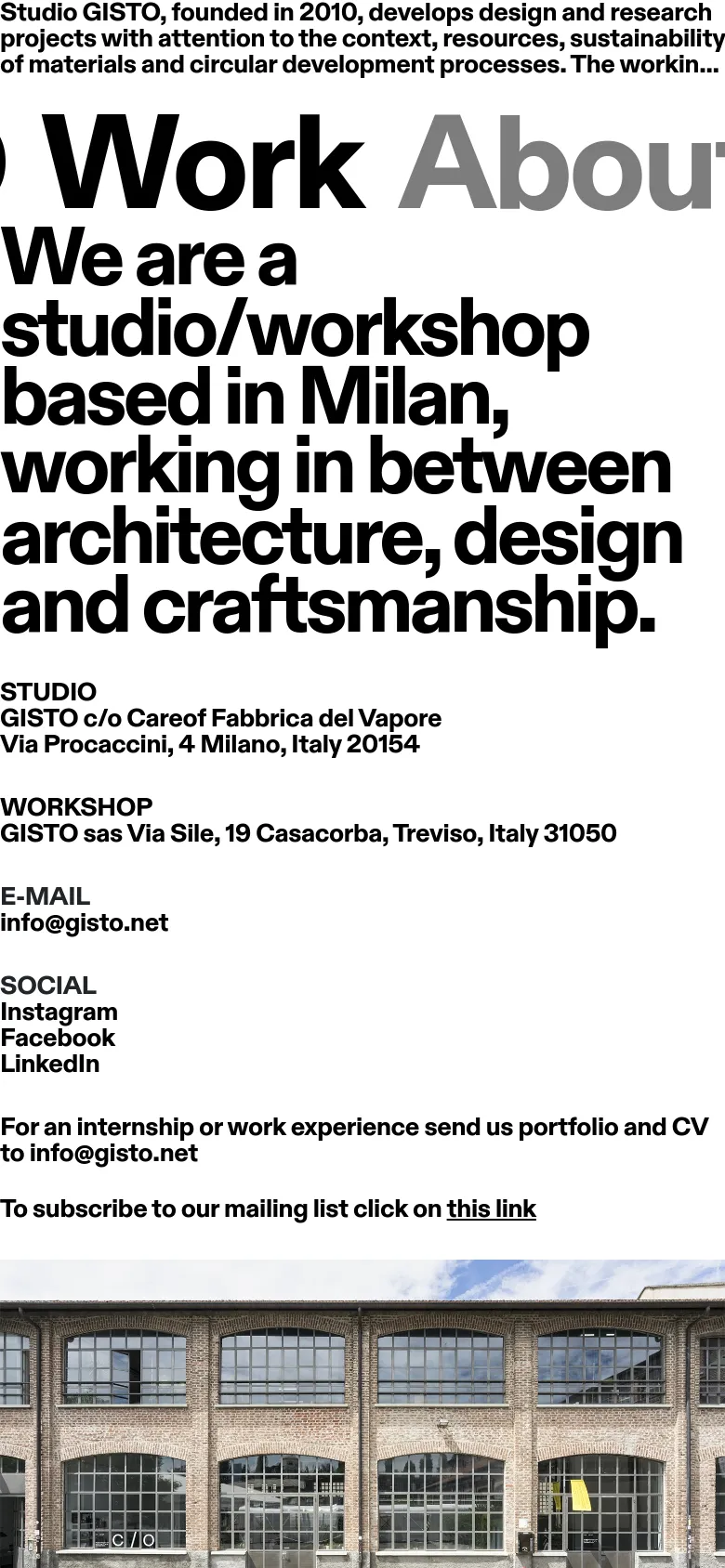The mobile version maintains the minimalist black-on-white aesthetic but stacks all content vertically for readability. The large headline dominates the top, followed by contact information, social links, and internship instructions in a single column, with the industrial building photograph appearing below the text.