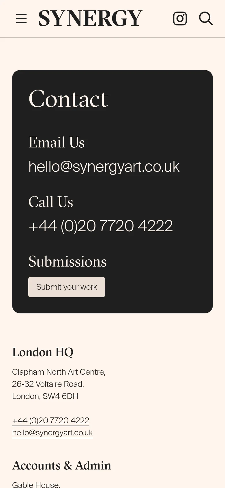 The mobile version presents a vertically stacked layout where the dark grey contact section occupies the top portion of the screen. The contact information, including the email and phone number, is centered and scaled for readability on a smaller screen. The footer content follows a single-column vertical flow, maintaining the minimalist white and grey color scheme.