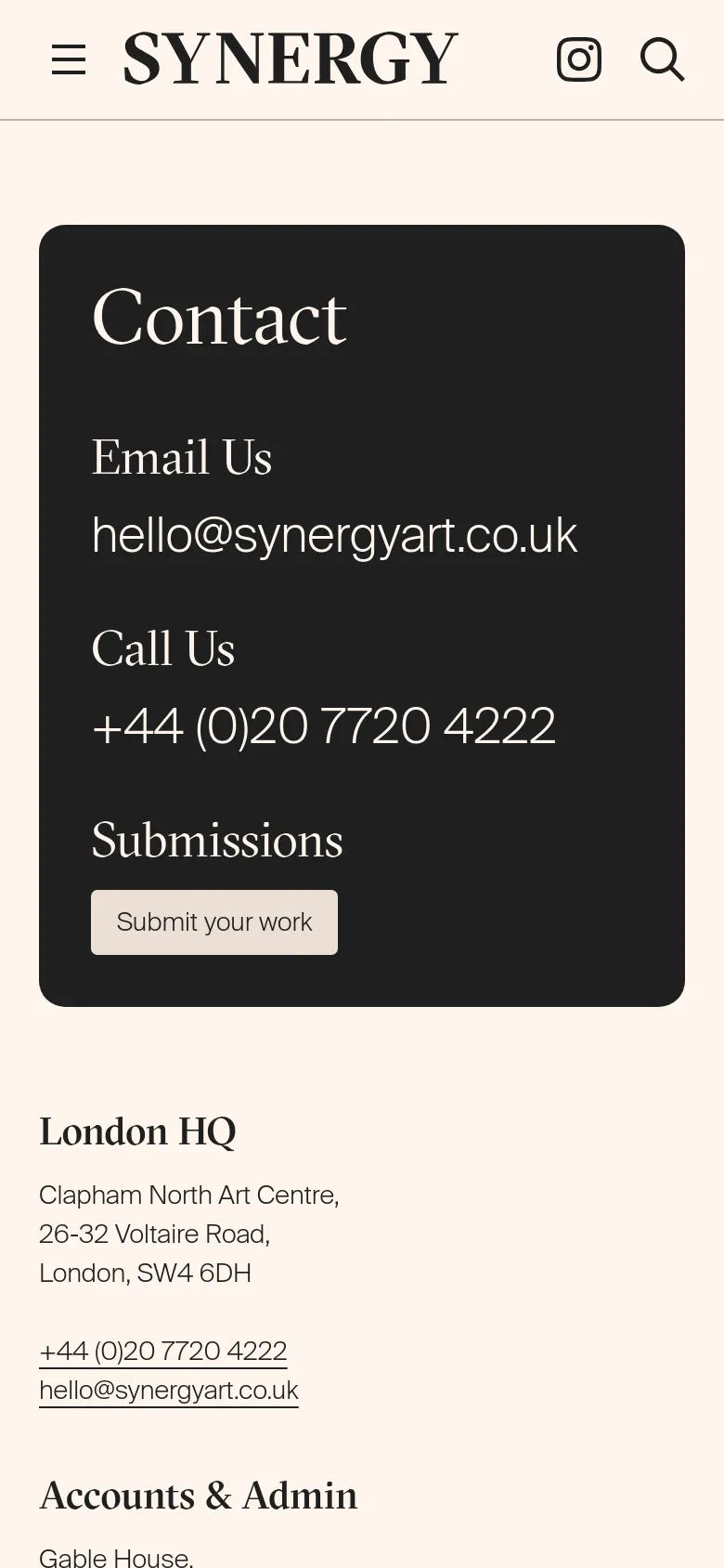The mobile version presents a vertically stacked layout where the dark grey contact section occupies the top portion of the screen. The contact information, including the email and phone number, is centered and scaled for readability on a smaller screen. The footer content follows a single-column vertical flow, maintaining the minimalist white and grey color scheme.
