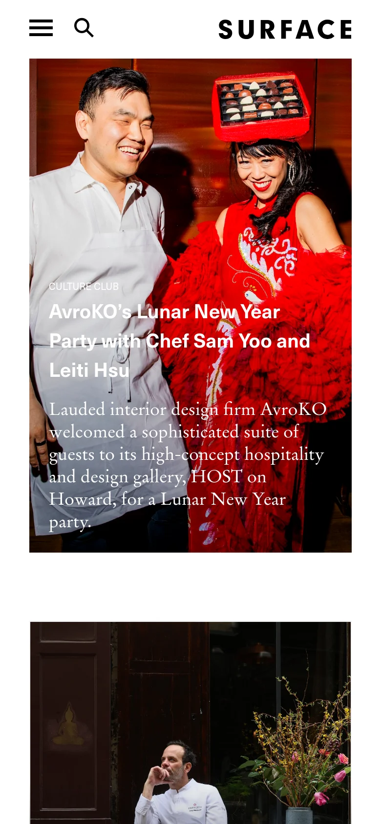 The mobile version presents a simplified, single-column vertical scroll of the homepage. The large 'SURFACE' logo and hamburger menu sit at the top, followed by a full-width hero image of a man and woman at a Lunar New Year party with large overlaid text. The layout prioritizes large imagery and readable typography for a vertical viewing experience.