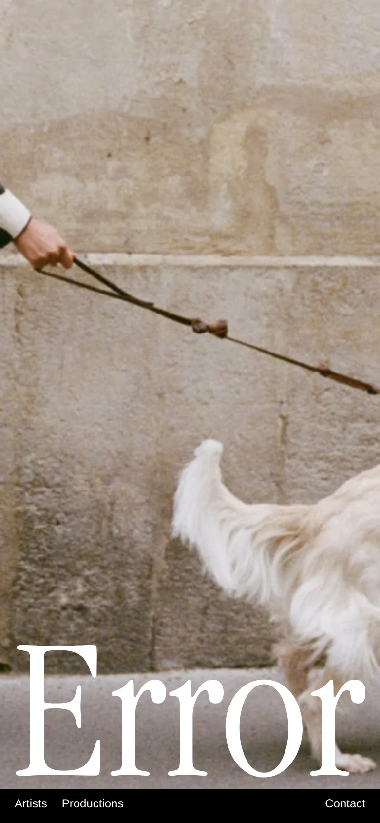The mobile version displays a vertically oriented hero image of the person and dog, with the large 'Error' text positioned at the bottom. The navigation links for Artists, Productions, and Contact are relocated to a black bar at the very bottom of the screen.