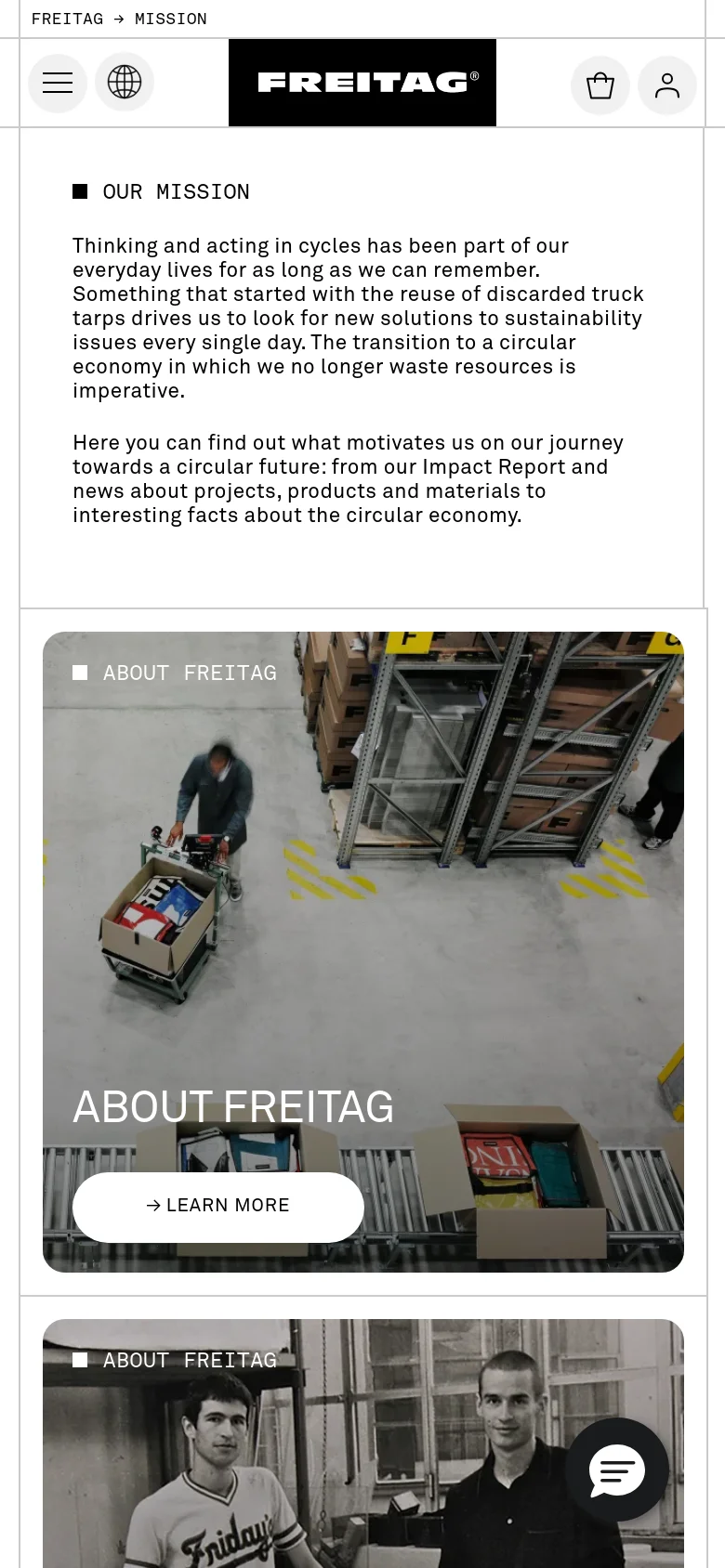 FREITAG mission page in a mobile-optimized stacked layout. The introductory text flows vertically above large, full-width image tiles that act as navigation links for topics like production and circularity, maintaining a clean and high-contrast industrial aesthetic.