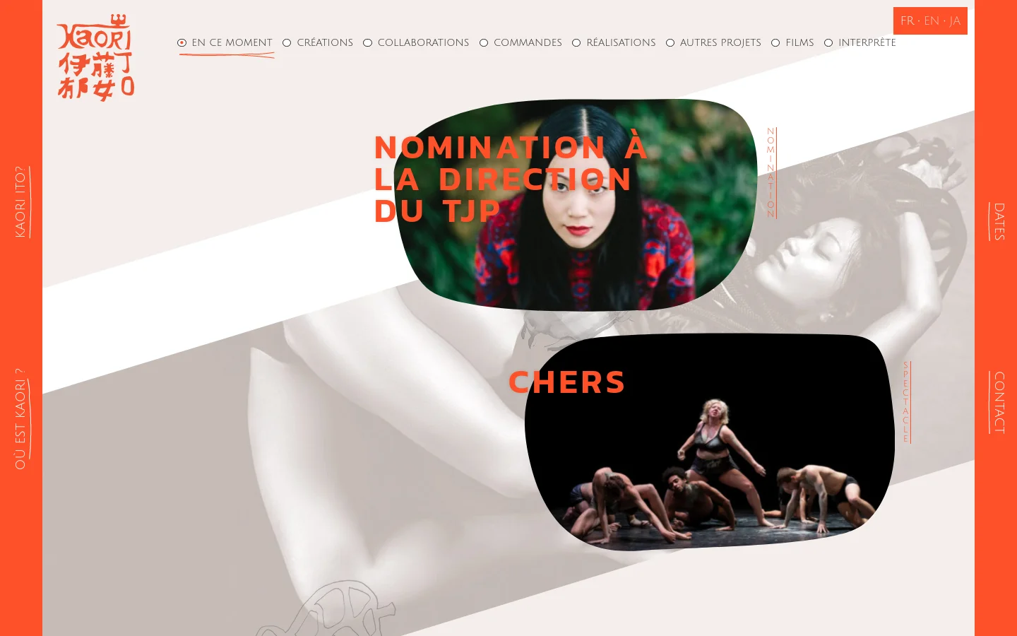 The desktop homepage features a minimalist, artistic layout with a white background and bold orange accents. Large, stylized black and orange typography displays project titles like 'NOMINATION À LA DIRECTION DU TJP' and 'CHERS' alongside organic, rounded image frames showing dancers. A navigation menu is located at the top, and vertical text elements run along the sides of the page.