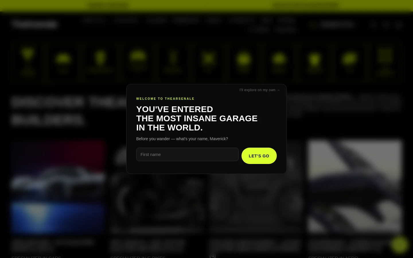 A dark-themed webpage titled 'Discover TheArsenale Builders' featuring a grid of high-end mobility brands like electric cars, motorcycles, and aircraft. A central pop-up modal with a black background and neon yellow accents asks for the user's name with a 'LET'S GO' call to action. The layout uses large, high-contrast typography and dark imagery with subtle color accents.
