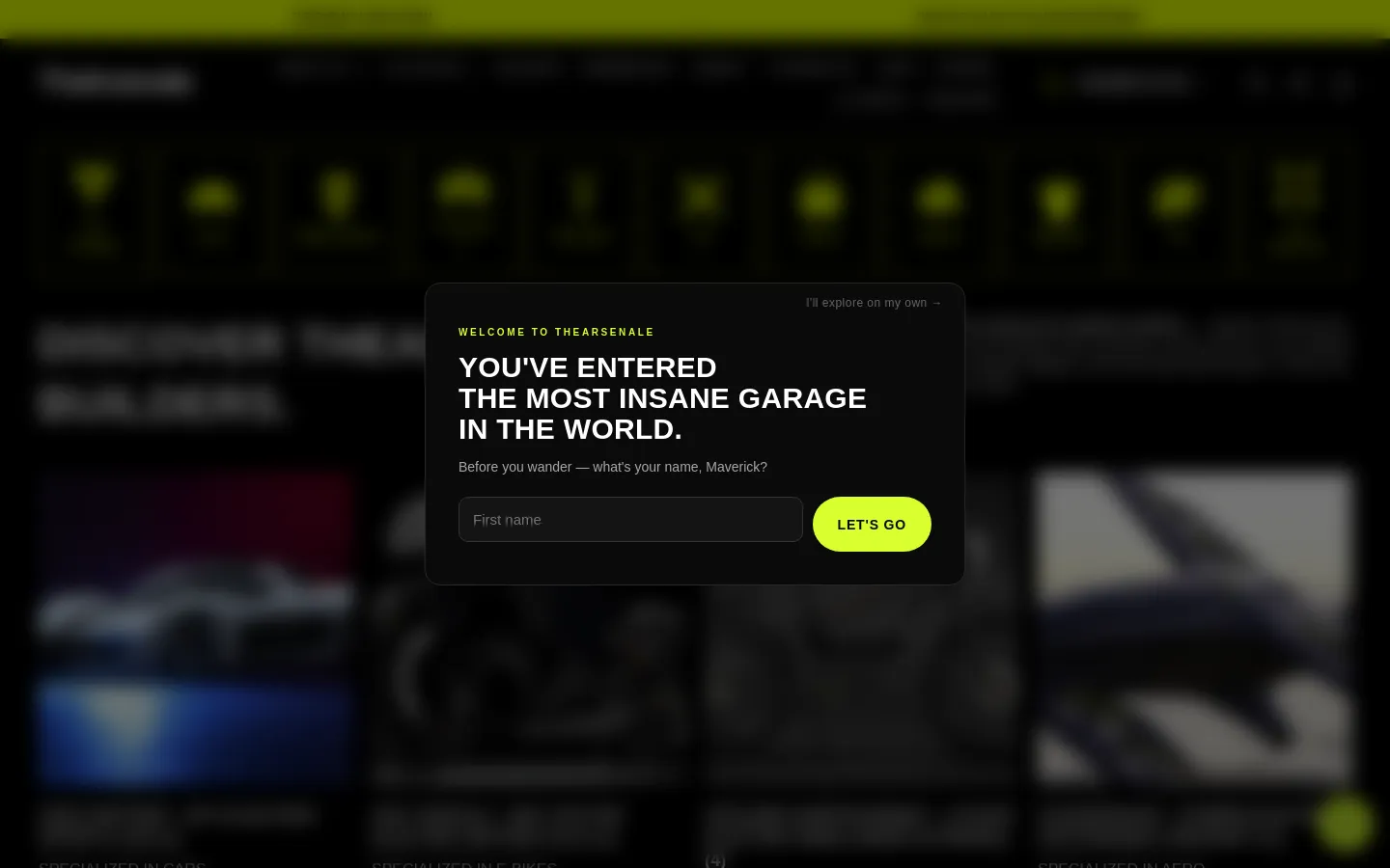 A dark-themed webpage titled 'Discover TheArsenale Builders' featuring a grid of high-end mobility brands like electric cars, motorcycles, and aircraft. A central pop-up modal with a black background and neon yellow accents asks for the user's name with a 'LET'S GO' call to action. The layout uses large, high-contrast typography and dark imagery with subtle color accents.