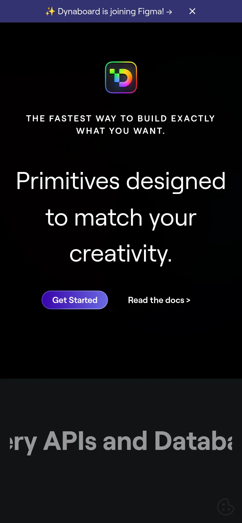 The mobile version maintains the dark theme and central layout, but the headline text is stacked vertically to fit the narrower screen. The 'Get Started' button and 'Read the docs >' link remain centered below the headline.