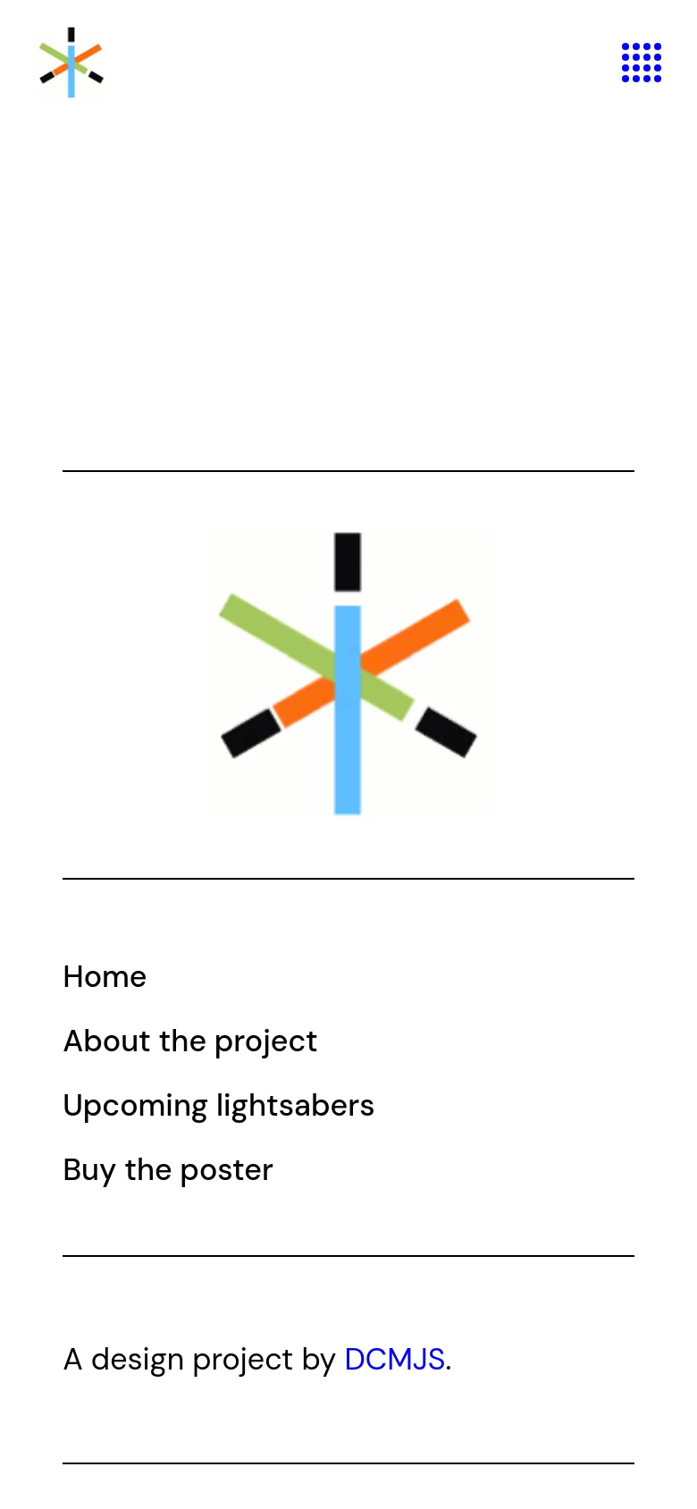 The mobile version maintains the minimalist white aesthetic and colorful starburst logo but shifts to a single-column vertical layout. The navigation links are stacked vertically for easier scrolling, and the top right features a large grid icon instead of a search bar.