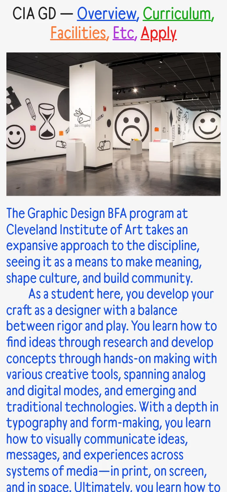 The mobile version presents a vertically stacked layout where the header and colorful navigation links appear at the top, followed by the gallery photograph. The text content is centered and flows below the image, maintaining the same blue color scheme on a white background.