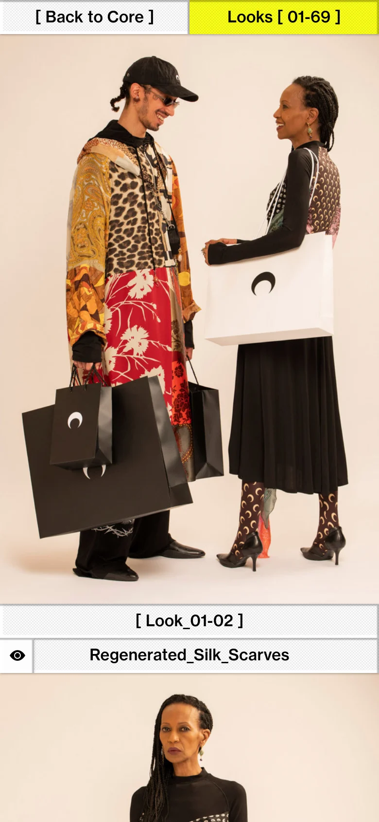 The mobile version simplifies the layout into a single-column vertical scroll. The header remains at the top, but the large fashion images are stacked vertically, focusing on one look at a time with large, clear labels and download options.