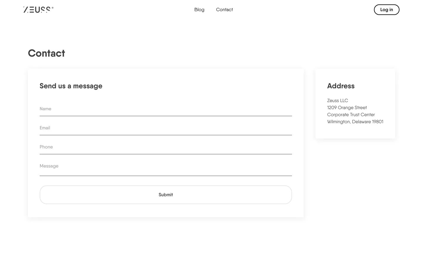 The desktop Contact page features a clean, minimalist white layout with dark gray text. A large 'Contact' headline is followed by a two-column layout: a wide left column containing a 'Send us a message' form with fields for Name, Email, Phone, and Message, and a narrower right column displaying the company's physical address in Wilmington, Delaware.