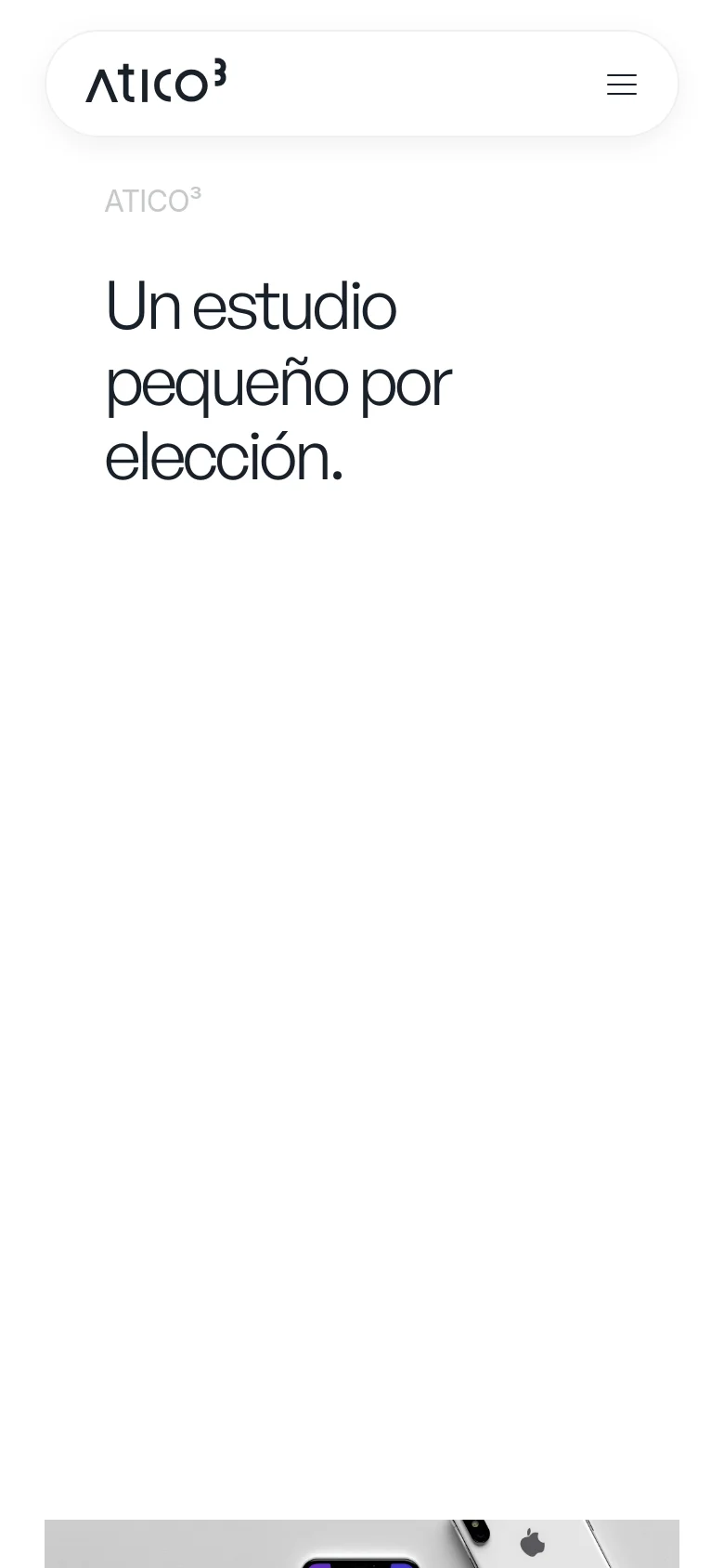 The mobile version simplifies the layout into a single vertical column. The navigation bar is replaced by a compact header with a logo and a hamburger menu icon. The hero text and large statistics are stacked vertically to fit the narrow screen width, maintaining the minimalist white and black aesthetic.