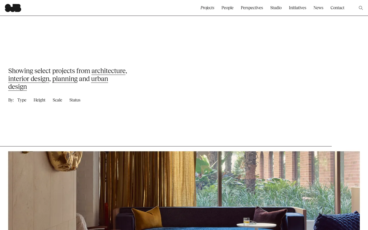 The Projects page features a minimalist white layout with a top navigation menu including links for Projects, People, and Studio. A large headline introduces select projects in architecture, interior design, planning, and urban design, followed by filter options for Type, Height, Scale, and Status. Below the filters, a grid of large, high-quality project images is displayed, each accompanied by a title and brief description.
