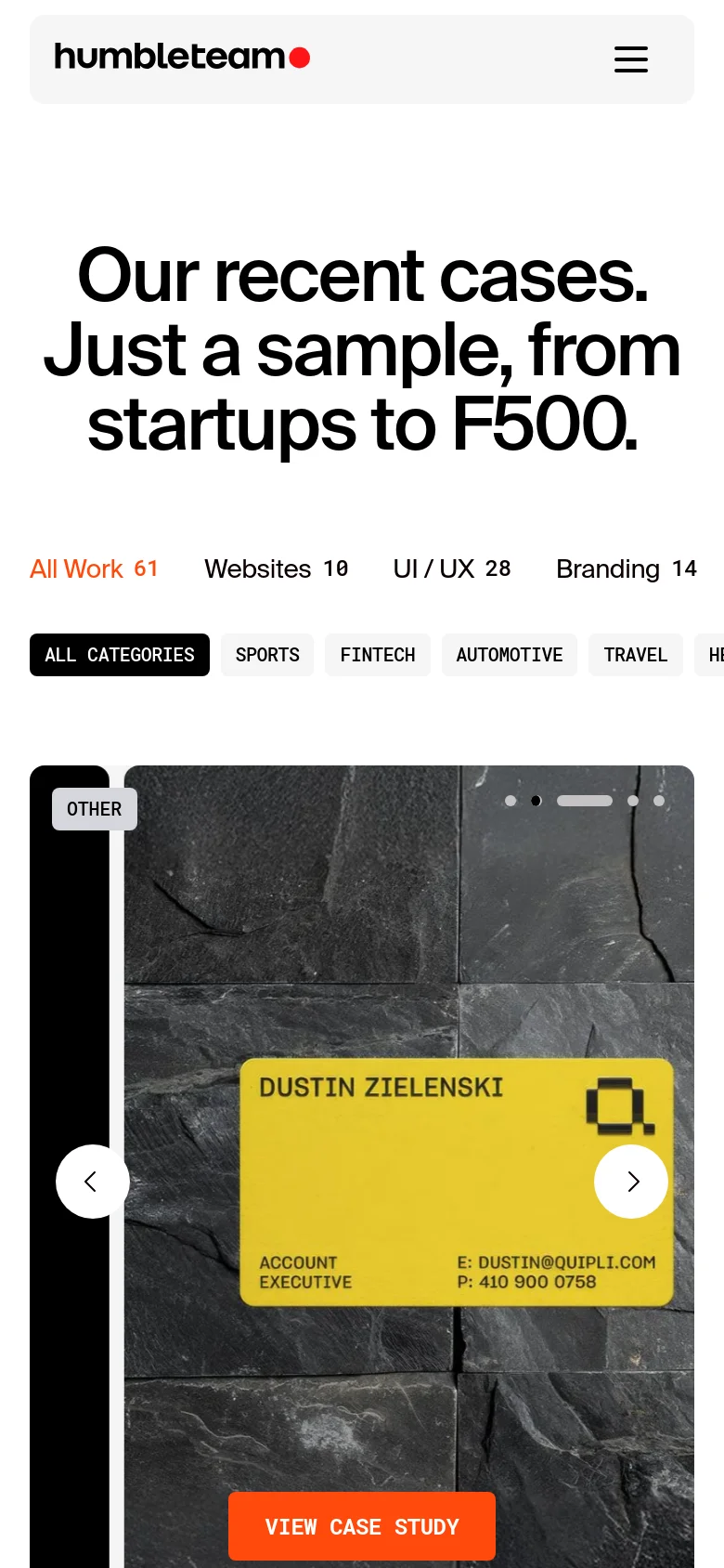 The mobile version presents a vertically stacked layout with the same bold headline and filtering options. The project cards are resized to fit the narrow screen, showing large imagery with category tags and a prominent orange 'VIEW CASE STUDY' button at the bottom of the card. The top navigation is condensed into a hamburger menu.