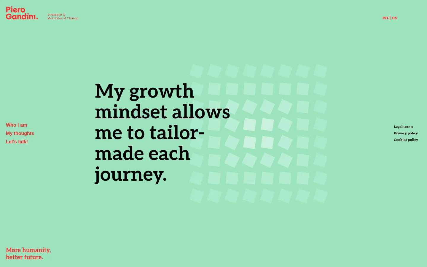 A minimalist desktop page with a light mint green background and red accents. Large black typography features the headline 'My growth mindset allows me to tailor-made each journey' centered over a subtle pattern of white squares. Navigation links like 'Who I am' and 'Legal terms' are placed at the edges, with the logo in the top left.