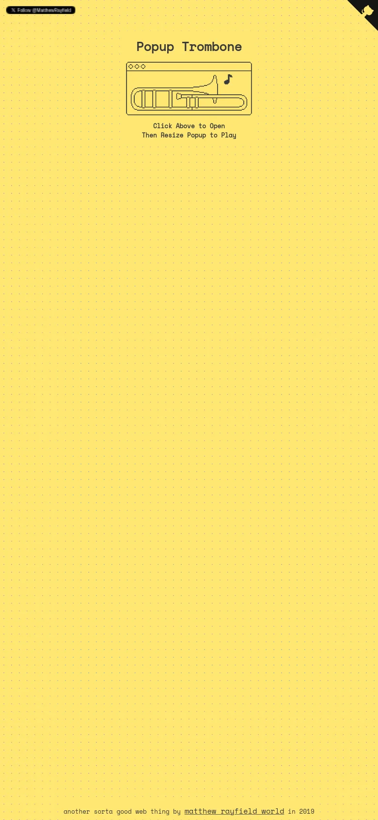 The mobile version maintains the same minimalist yellow dotted design and centered layout as the desktop. The 'Popup Trombone' headline, browser window illustration, and instructions are scaled down to fit the narrower portrait screen orientation.