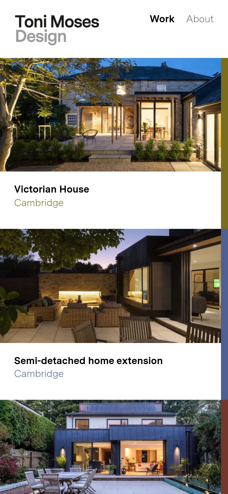 The mobile version maintains the minimalist white header with the logo and navigation links, but the project layout shifts to a single-column vertical stack. Each project is presented as a full-width large image with the project title and location text positioned directly underneath it.