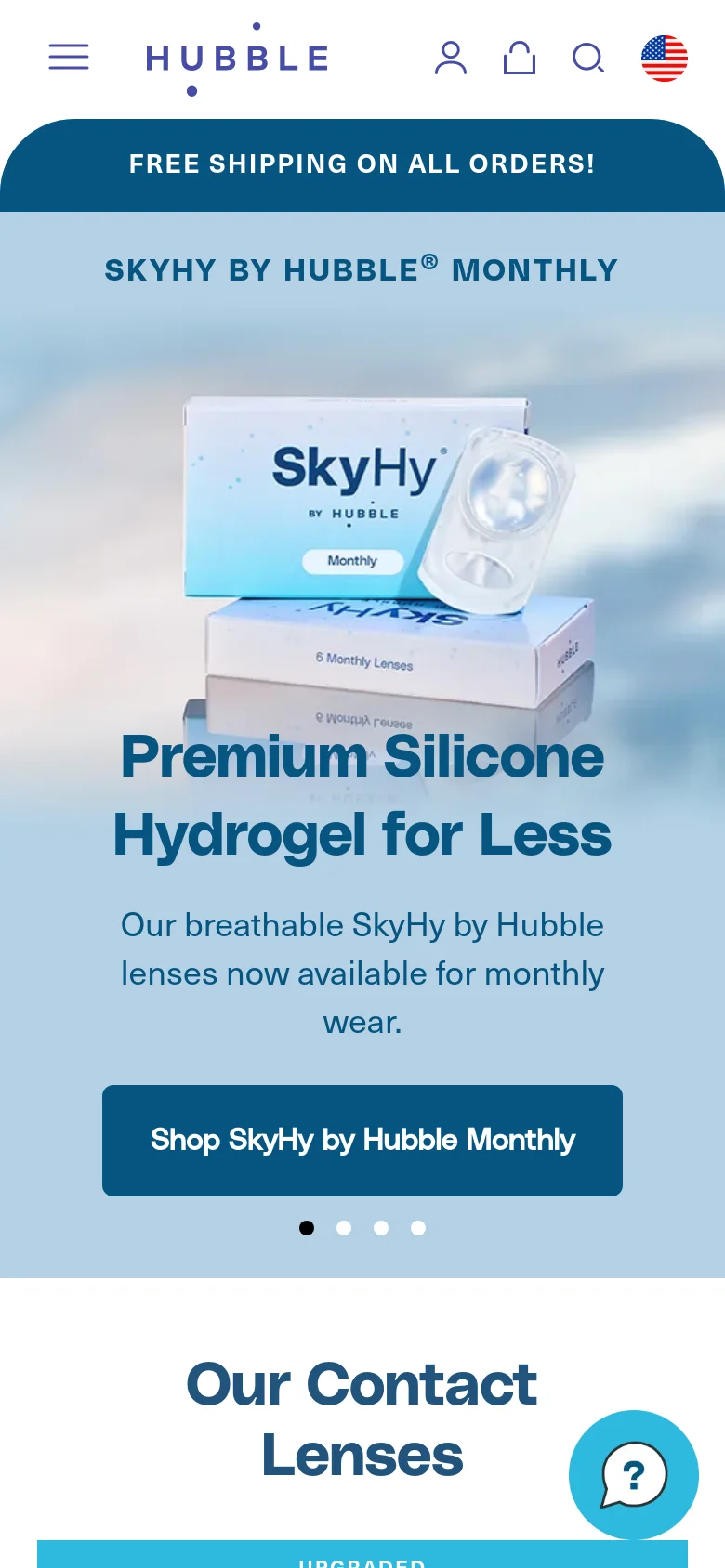 The mobile version uses a condensed layout with a hamburger menu and a centered logo. The hero image for SkyHy contact lenses is vertically oriented, showing the product box prominently above the headline 'Premium Silicone Hydrogel for Less' and a large blue call-to-action button. Navigation is simplified, and content is stacked vertically for easier scrolling.