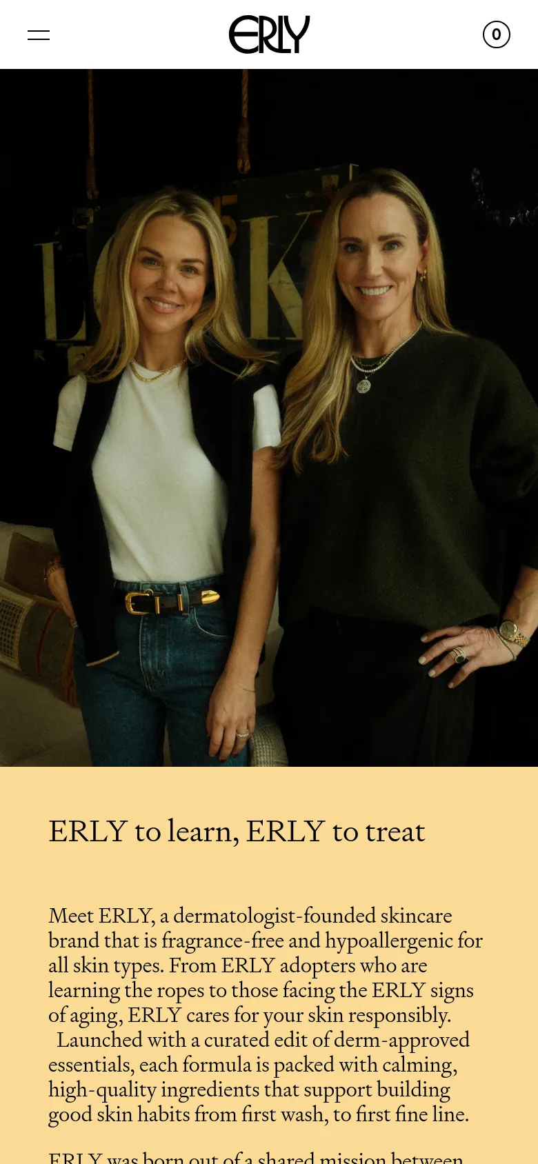 The mobile version uses a stacked layout where the hero image of the two founders appears at the top, followed by the text content below. The headline 'ERLY to learn, ERLY to treat' and the brand description are centered on a solid cream background. The header is simplified with a hamburger menu icon on the left and the logo and cart icon on the right.